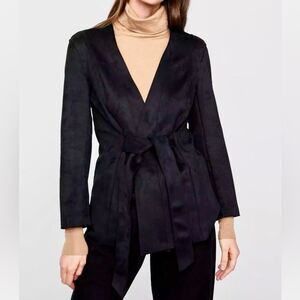 Like New Zara Black Vegan Suede Long Line Tie Belt Blazer Jacket Pockets small
